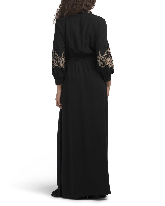 SOLITAIRE Linen Blend Balloon Sleeve Embroidered Maxi Dress