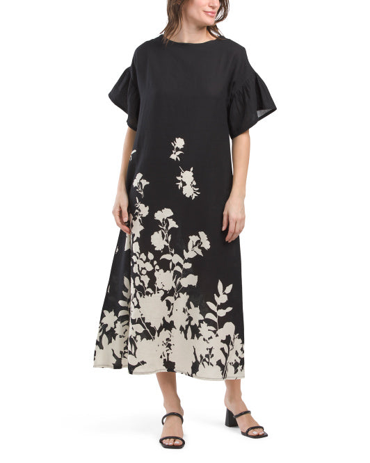 LE RAGAZZE Made In Italy Linen Blend Floral Border Print Maxi Dress