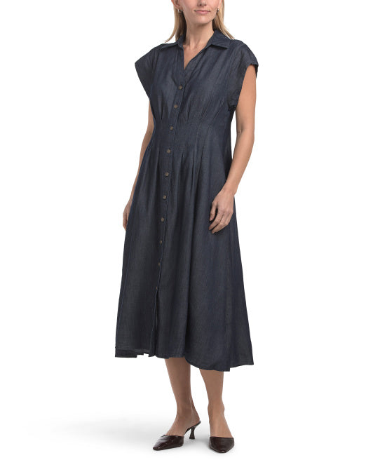 TOMMY HILFIGER Denim Cinched Waist Midi Dress