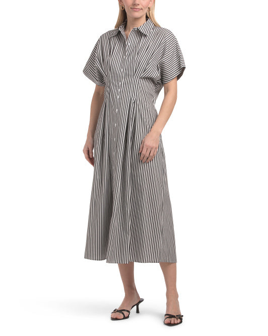 NICOLE MILLER Pin Tuck Waist Stretch Poplin Midi Dress