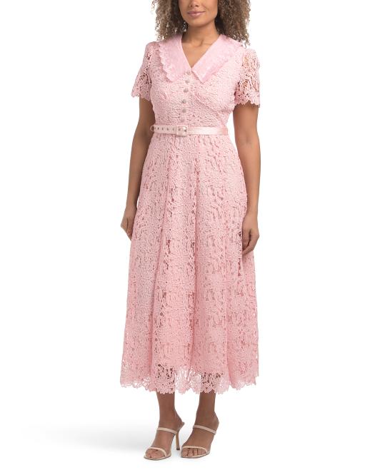 DALIA MACPHEE Short Sleeve Eyelet Collar Lace Dress