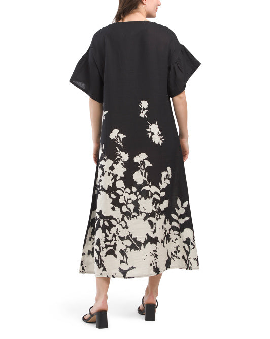 LE RAGAZZE Made In Italy Linen Blend Floral Border Print Maxi Dress