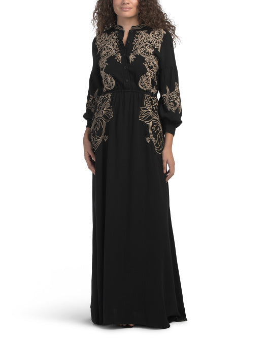 SOLITAIRE Linen Blend Balloon Sleeve Embroidered Maxi Dress