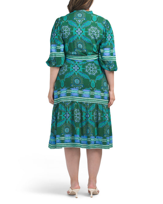 CELINA MOON Three-quarter Sleeve Border Print Midi Dress