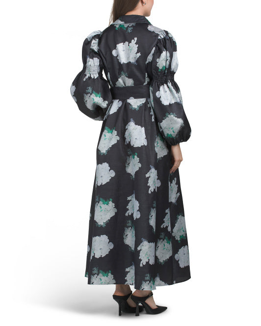 NANCY YANG Puff Sleeve Button Down Dress