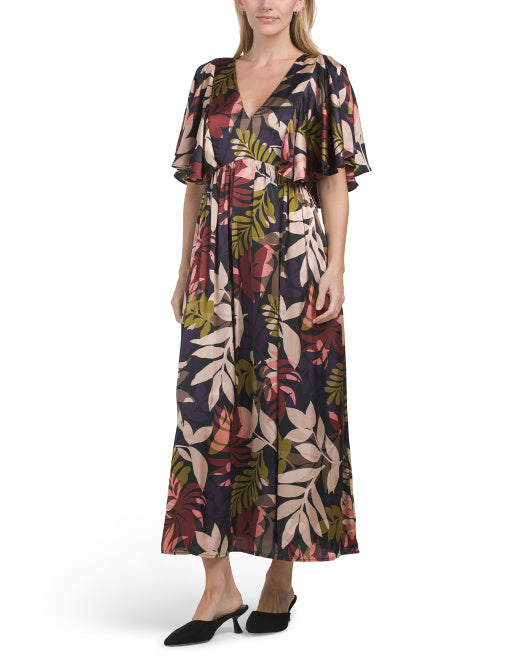 IN FEBRUARY Tropical Print Flutter Sleeve Satin Midi Dress