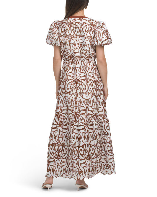 SOLITAIRE Puff Sleeve Embroidered Lace Maxi Dress