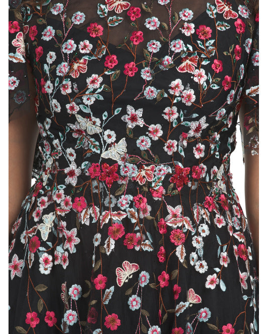 MAC DUGGAL Flutter Sleeve Embroidered Tea-length Dress