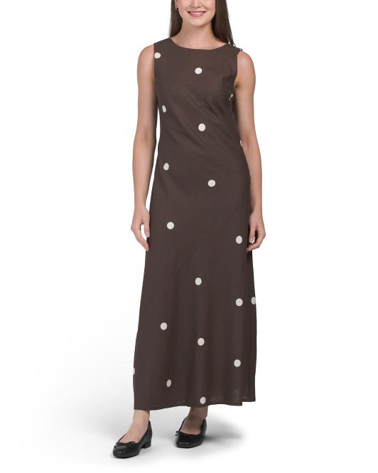 MAGASCHONI Linen Blend Boat Neck Maxi Dot Dress With Scoop Back