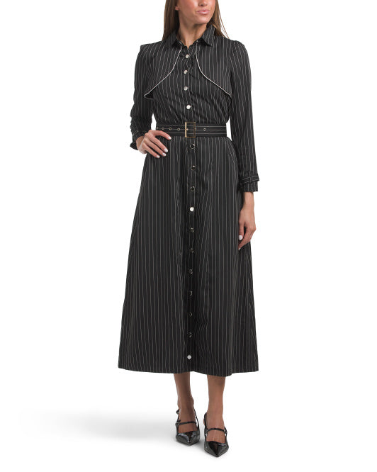 DALIA MACPHEE Pinstripe Long Sleeve Maxi Dress With Belt