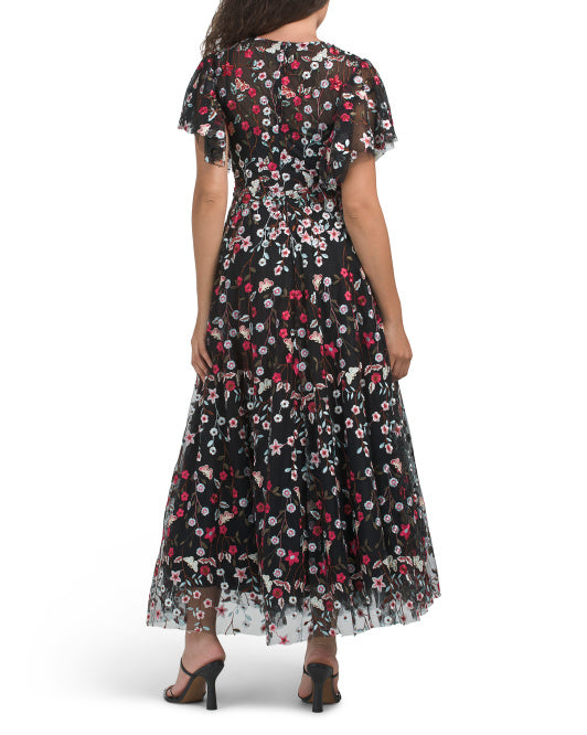 MAC DUGGAL Flutter Sleeve Embroidered Tea-length Dress