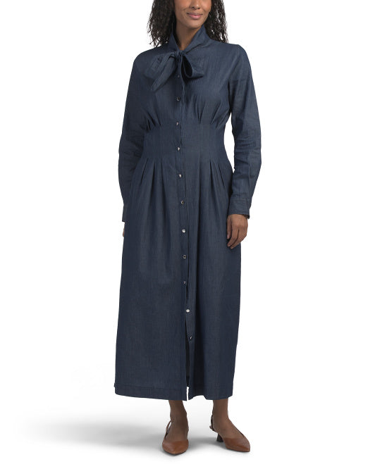 LINEA MODA Made In Italy Long Sleeve Tie Neck Denim Dress With Pleated Waist