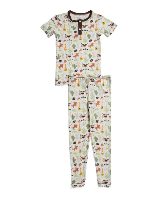 KICKEE PANTS Toddler And Little Boys 2pc Rodeo Printed Henley Pajama Set