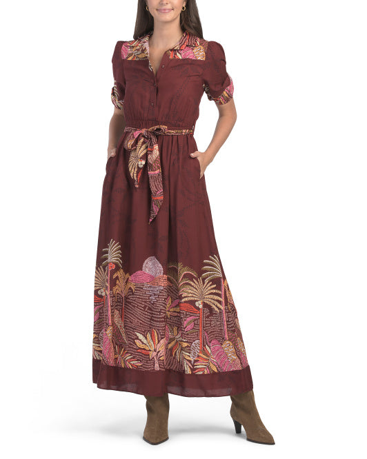 CELINA MOON Short Sleeve Safari Print Maxi Dress With Belt