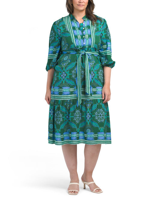 CELINA MOON Three-quarter Sleeve Border Print Midi Dress
