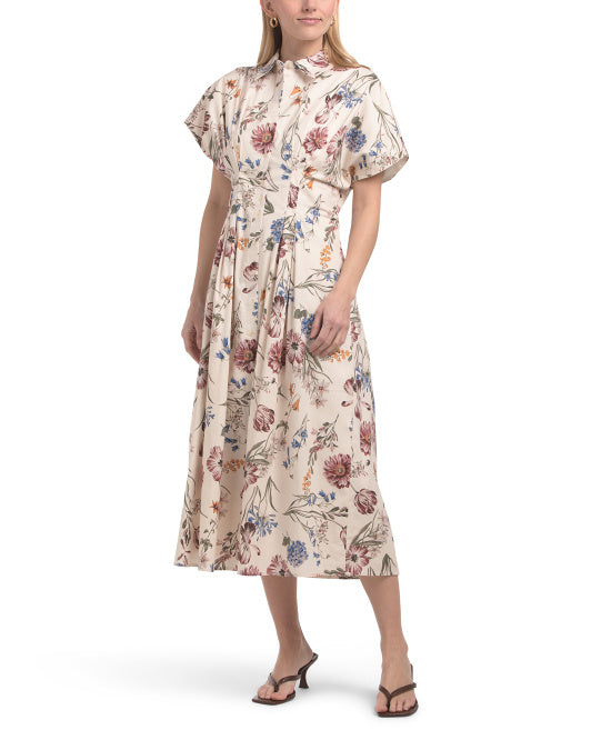 NICOLE MILLER Pin Tuck Waist Botanical Cotton Midi Dress
