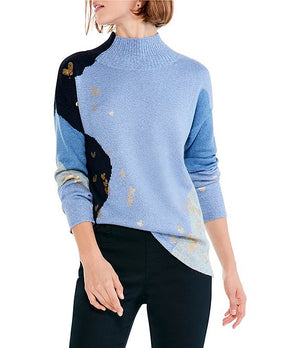 Color:Blue Multi - Image 1 - Glowing Embers Color Block Foil Print Mock Neck Long Sleeve Sweater