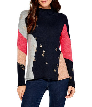 Color:Indigo Multi - Image 1 - Glowing Embers Color Block Foil Print Mock Neck Long Sleeve Sweater