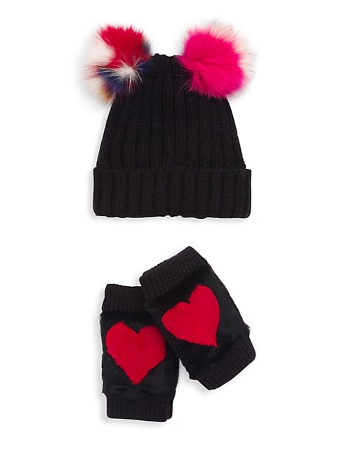 ONLY AT SAKS. Girl's 2-Piece Fur Pom-Pom Beanie &amp; Mittens Set