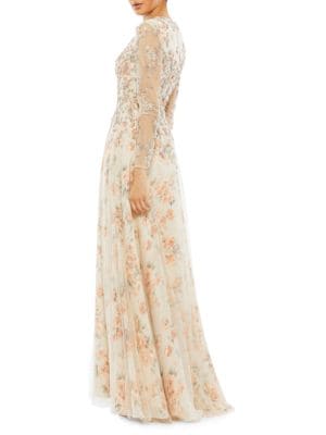 Mac Duggal
 Floral-Print Beaded Mesh Gown