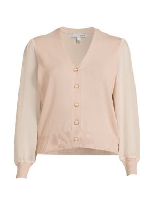 Wdny
 Puff Sleeve Faux Pearl Cardigan