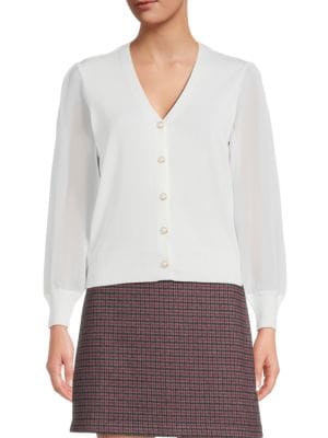 Wdny
 Puff Sleeve Faux Pearl Cardigan