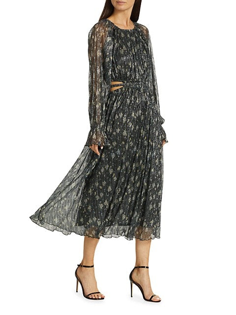 Metallic Floral Pleated Midi-Dress