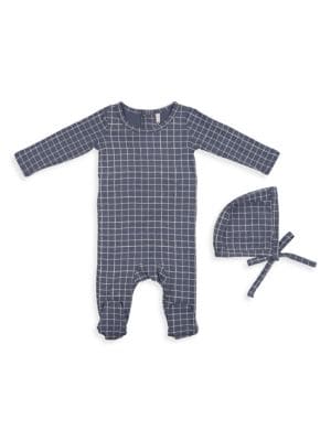 Pouf
 Baby's Grid-Print Footie & Bonnet Set