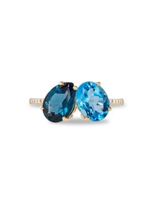 Saks Fifth Avenue
 14K Yellow Gold, London Blue Topaz, Swiss Blue Topaz & Diamond Ring