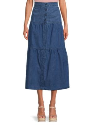 YAL New York
 Tiered Midi Denim Skirt