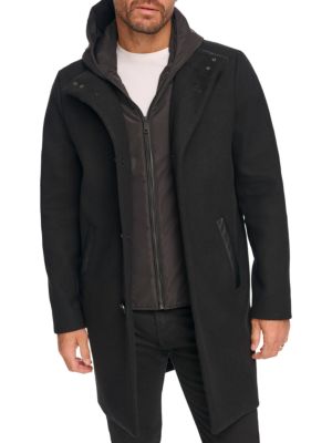 Kenneth Cole
 Melton Walker Mixed Media Hooded Bib Overcoat