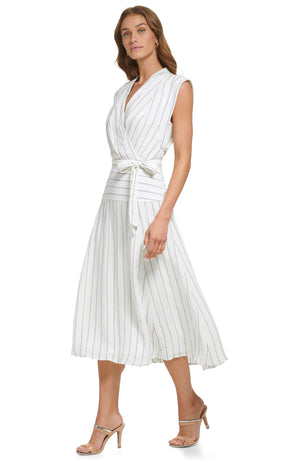 DKNY Pinstripe Linen & Cotton Maxi Dress, Alternate, color, IVORY/ BLACK