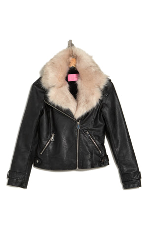 AZALEA WANG Faux Leather Biker Jacket with Faux Fur Trim, Alternate, color, BLACK