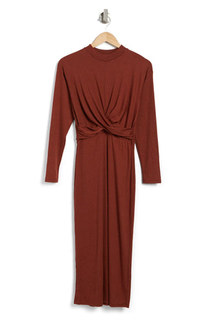 LUSH Mock Neck Ribbed Dress, Alternate, color, BROWN