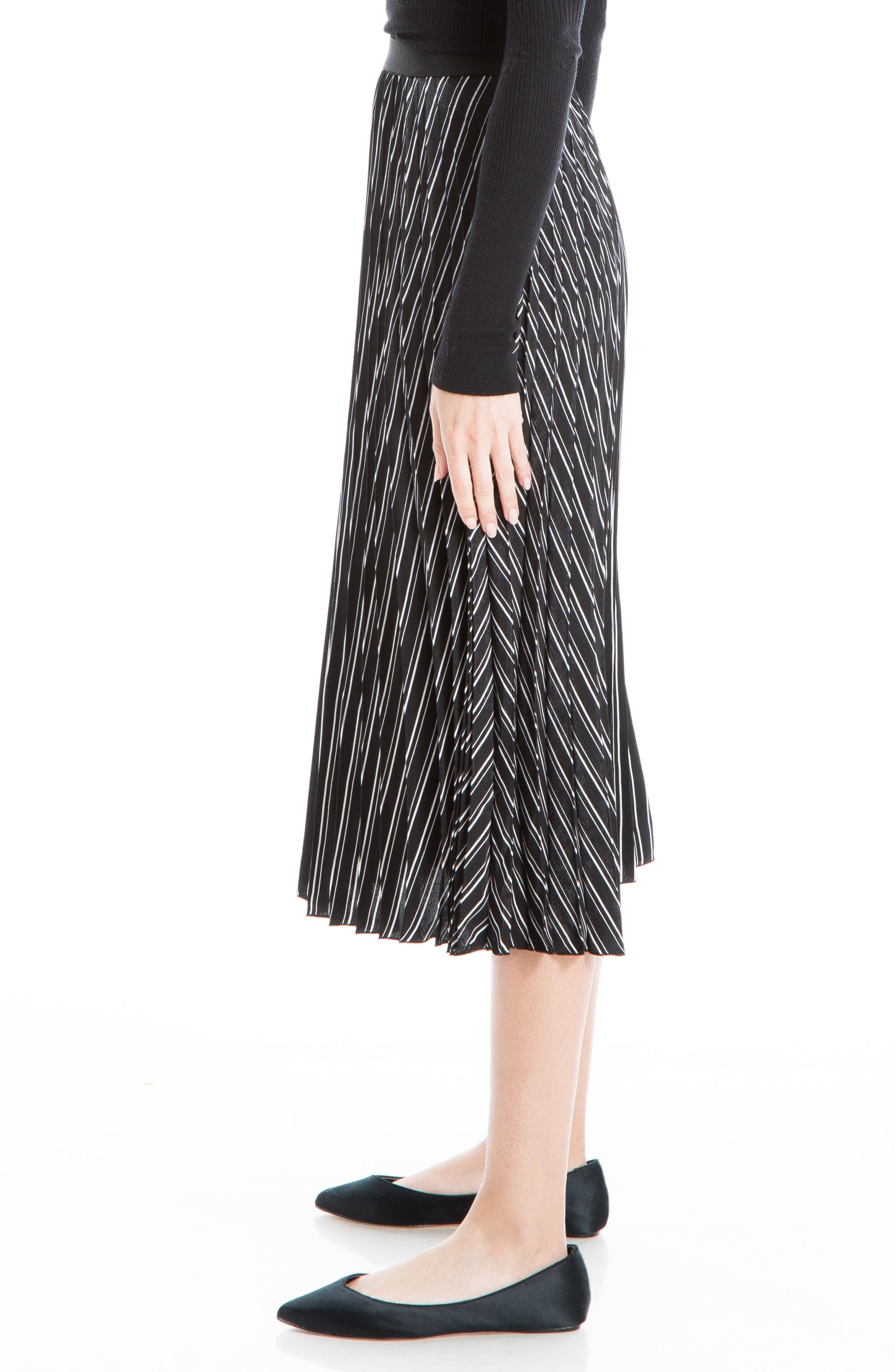 MAX STUDIO Pleated Midi Skirt, Alternate, color, BLACK/ IVORY STRIPE