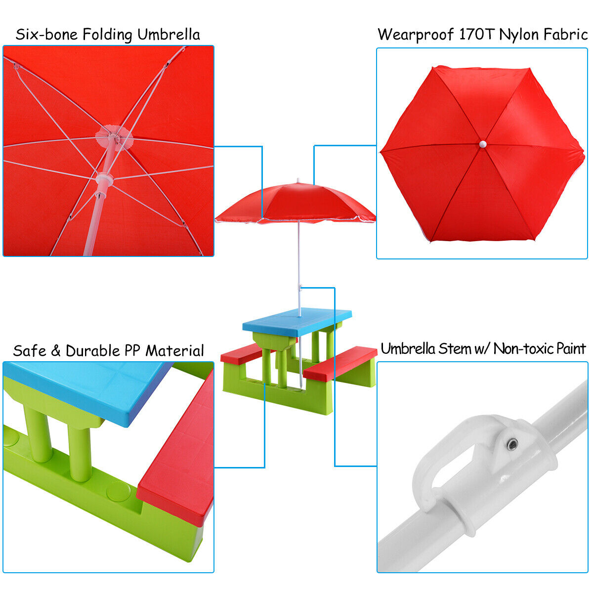 image 5 of Costway 4 Seat Kids Picnic Table w/Umbrella Garden Yard Folding Children Bench Outdoor