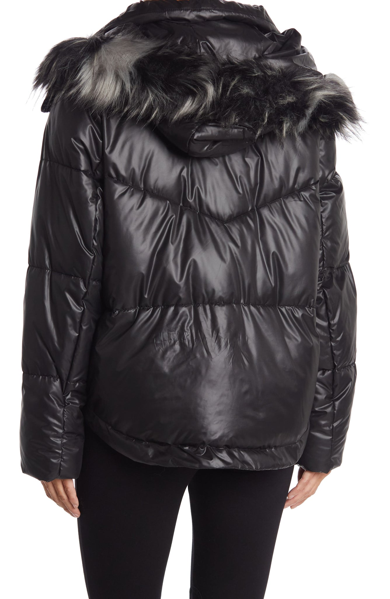 ANDREW MARC Minna Faux Fur Trim Hooded Puffer Jacket, Alternate, color, BLACK