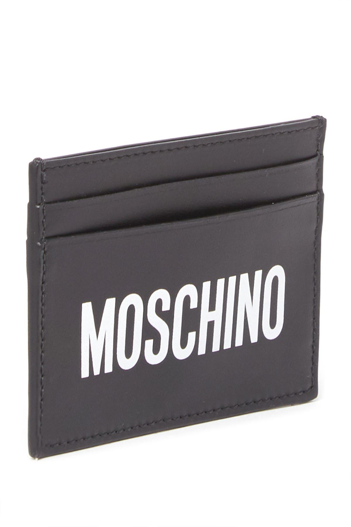 MOSCHINO Logo Print Leather Cardholder Wallet, Alternate, color, BLACK