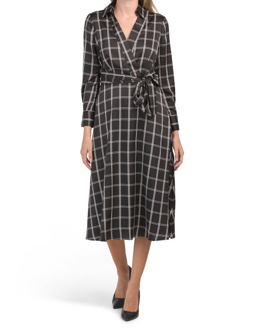 Long Sleeve Faux Wrap Dress With Tie Waist