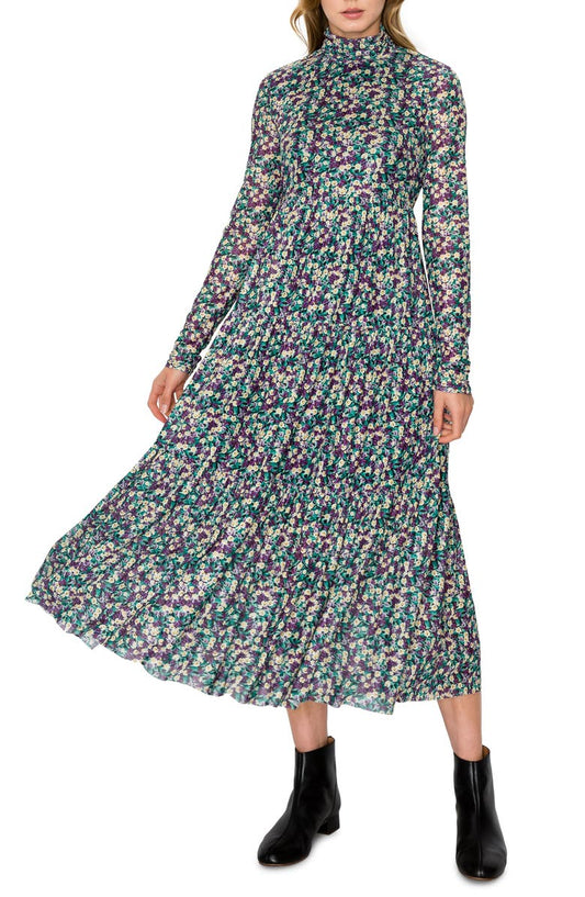 MELLODAY Floral Print Mock Neck Long Sleeve Midi Dress