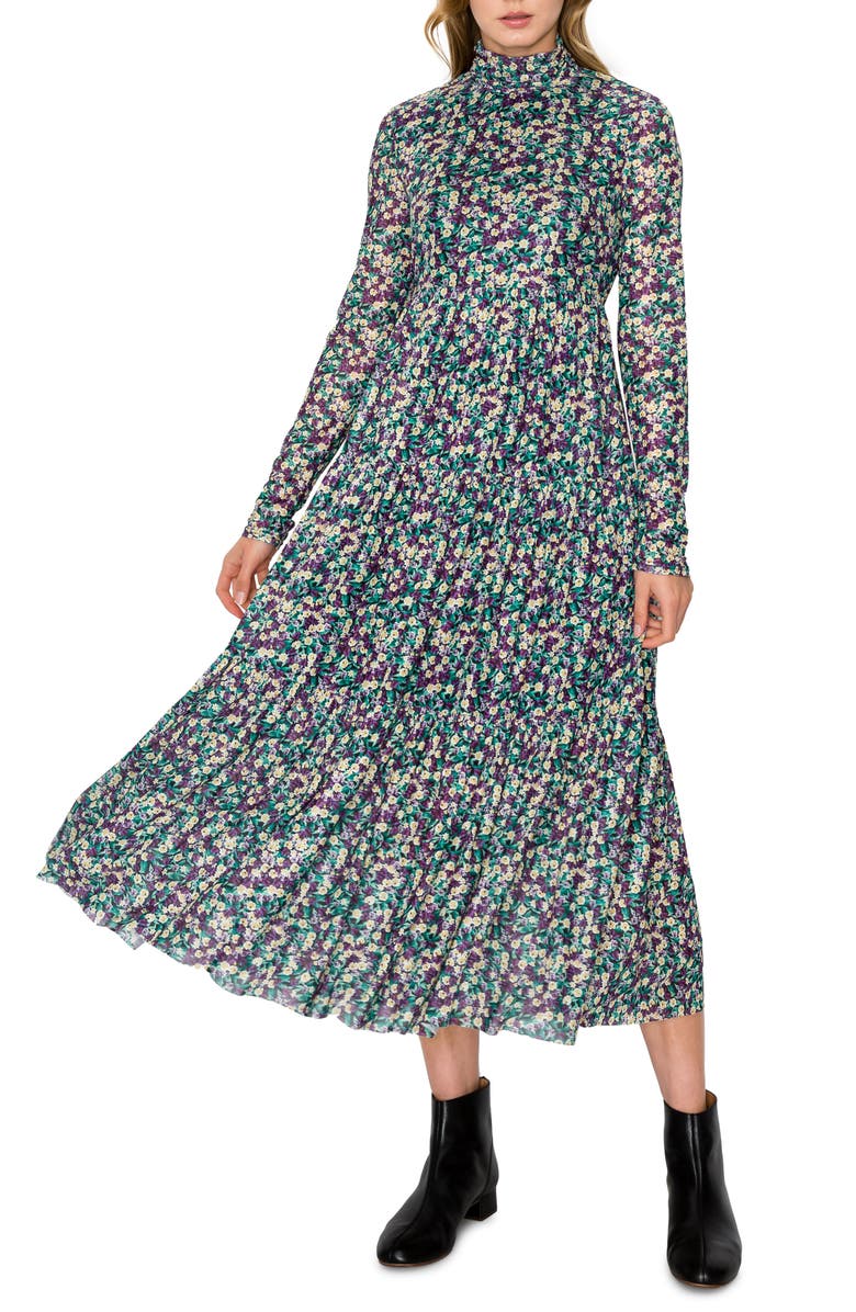 MELLODAY Floral Print Mock Neck Long Sleeve Midi Dress