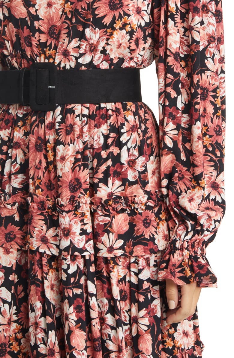 RACHEL PARCELL Floral Print Ruffle Long Sleeve Belted Tiered Midi Dress