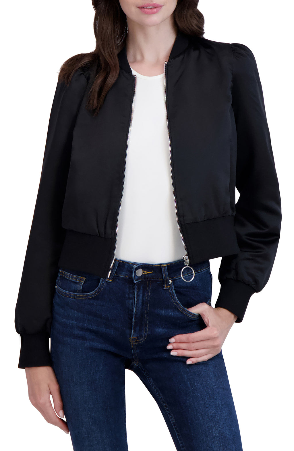 OOKIE & LALA Satin Crop Bomber Jacket, Main, color, BLACK