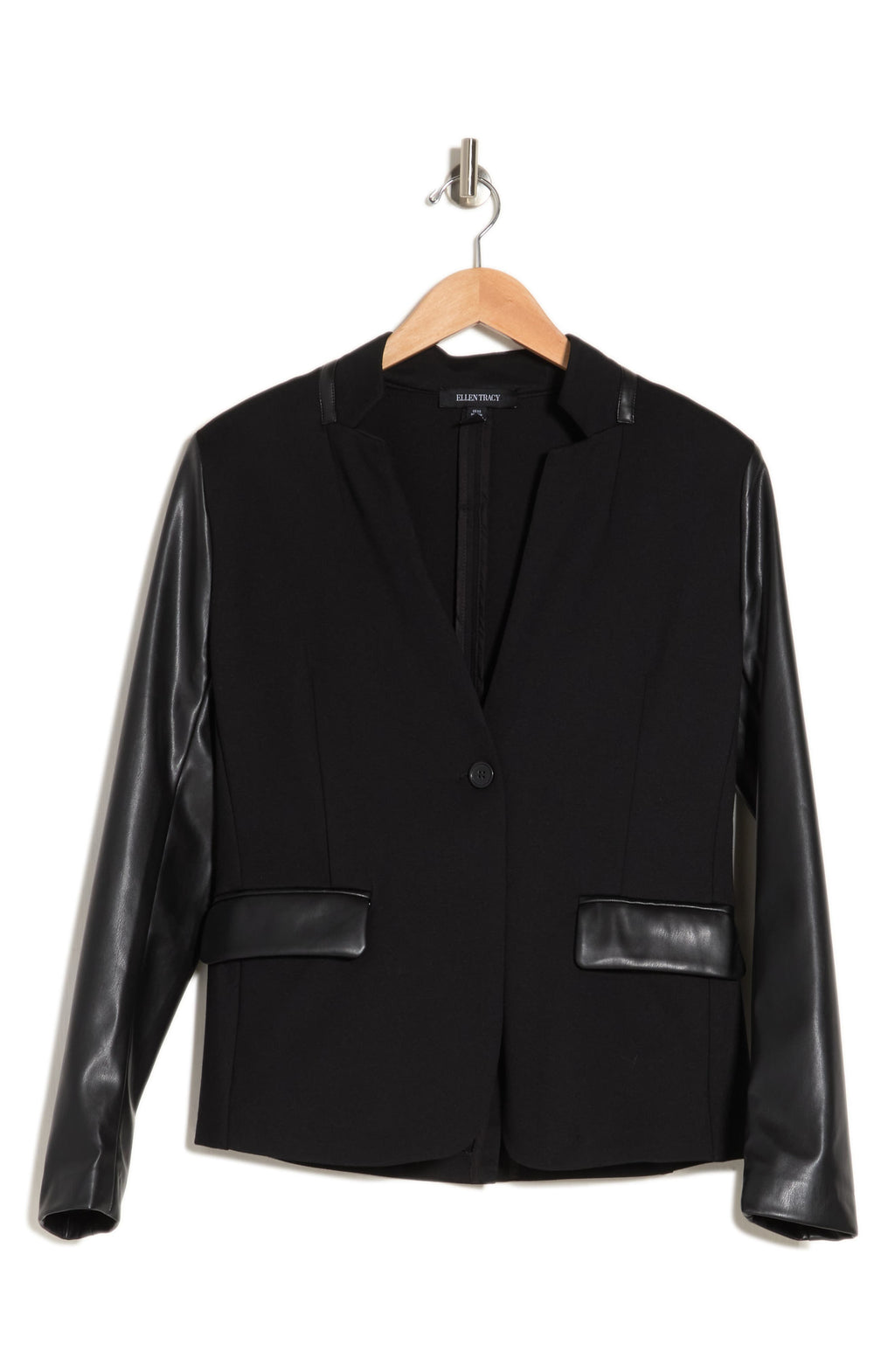 ELLEN TRACY Faux Leather Trim Ponte Blazer, Main, color, BLACK