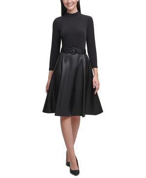 Calvin Klein - Faux-Leather Mock-Neck Fit & Flare Dress