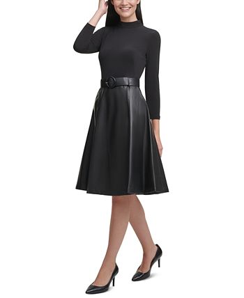 Calvin Klein - Faux-Leather Mock-Neck Fit & Flare Dress