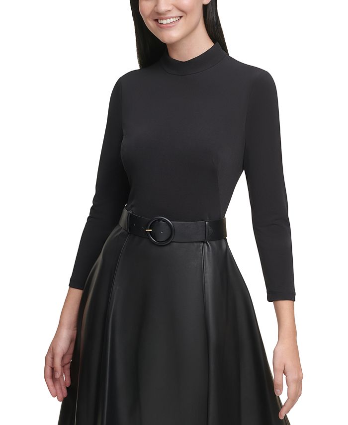 Calvin Klein - Faux-Leather Mock-Neck Fit & Flare Dress