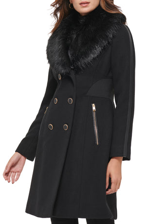 GUESS Faux Fur Shawl Collar Wool Blend Coat, Alternate, color, BLACK