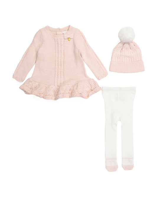 Infant Girls Ruffled Hem Sweater Dress With Hat