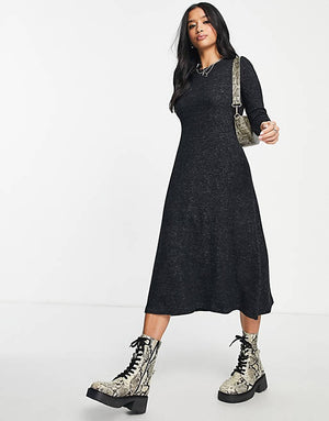 ASOS DESIGN Petite super soft long sleeve midi swing dress in charcoal